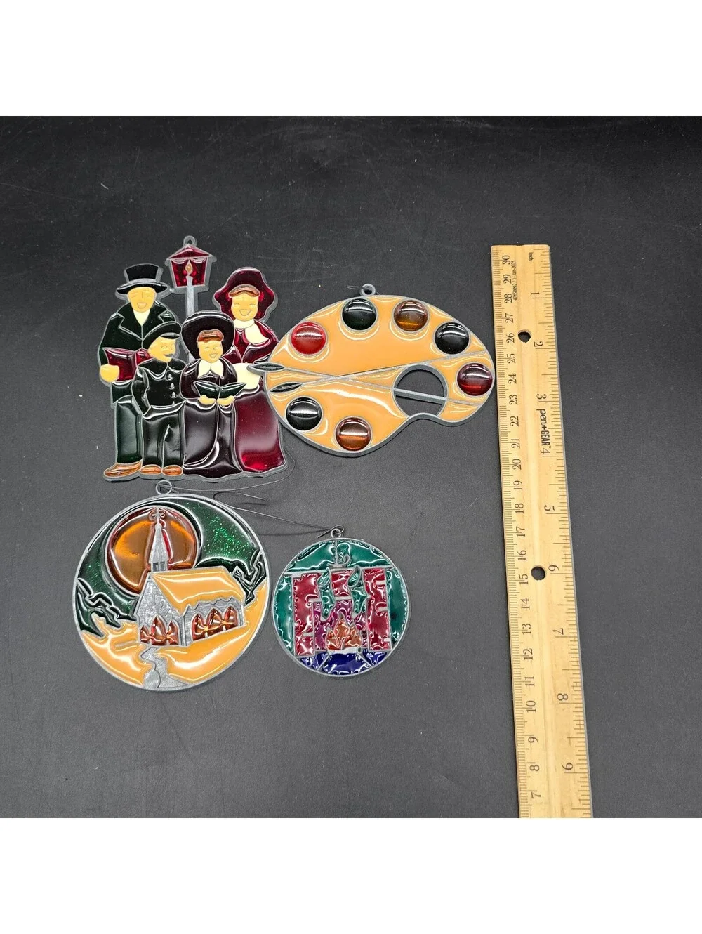 Vintage Faux Stained Glass Suncatcher Lot of 4 Christmas Carolers Church Palette